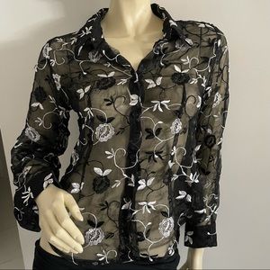 SonYa Ratay sheer floral embroidered collared button up shirt